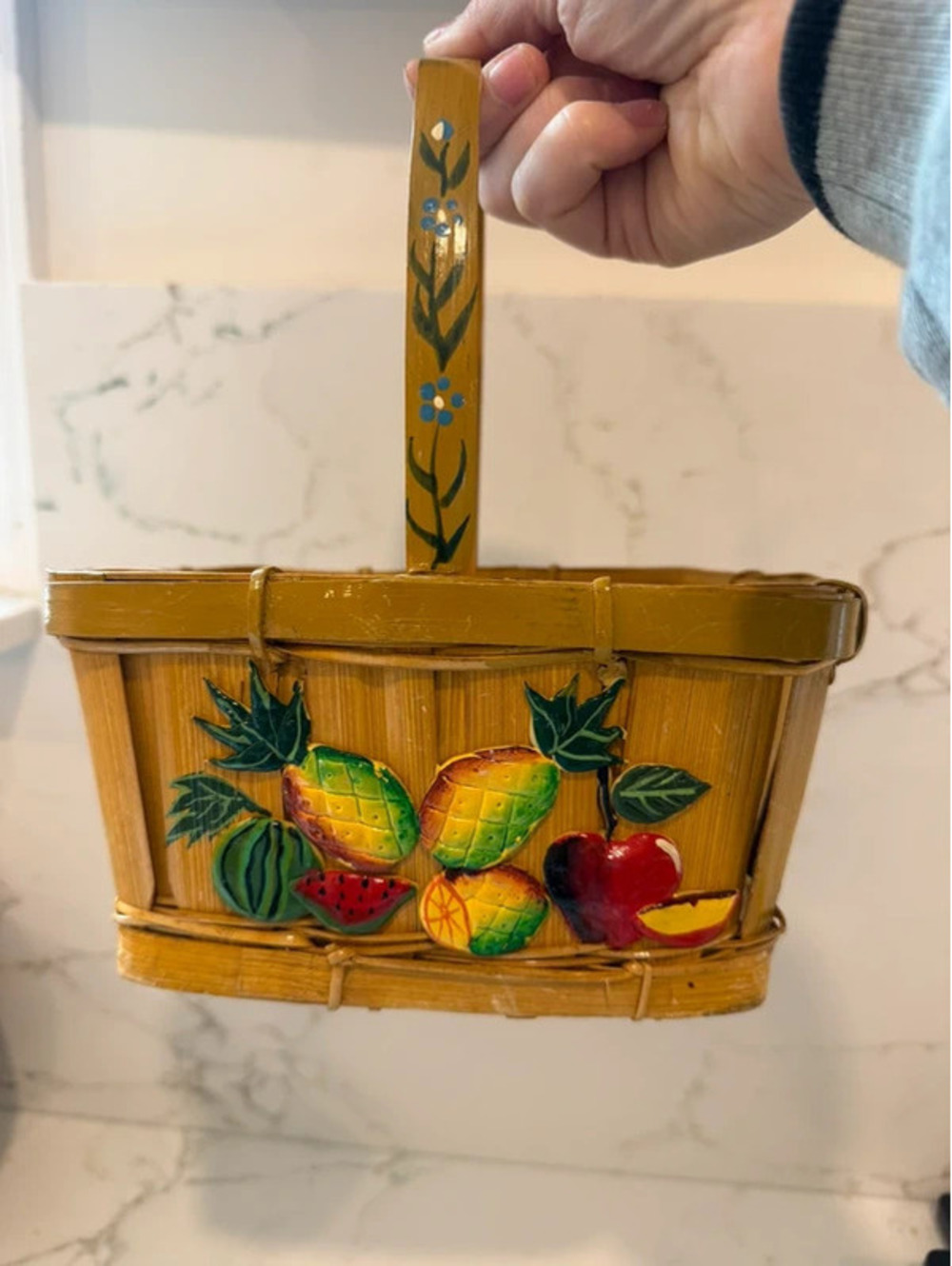 Vintage Bamboo Wicker Fruit Basket Hand Painted 3D Fruit Kitchen Decor
